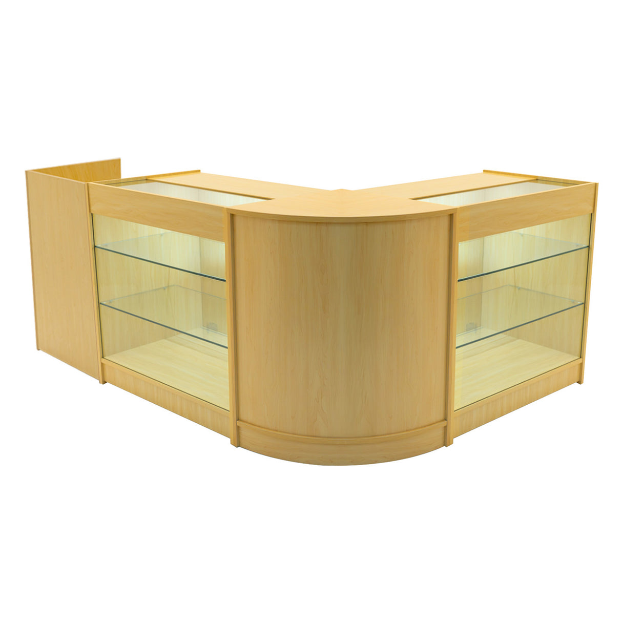 Set banconi LED Aries in legno d'acero chiaro, con ripiani in vetro trasparente e illuminazione interna, design elegante e moderno