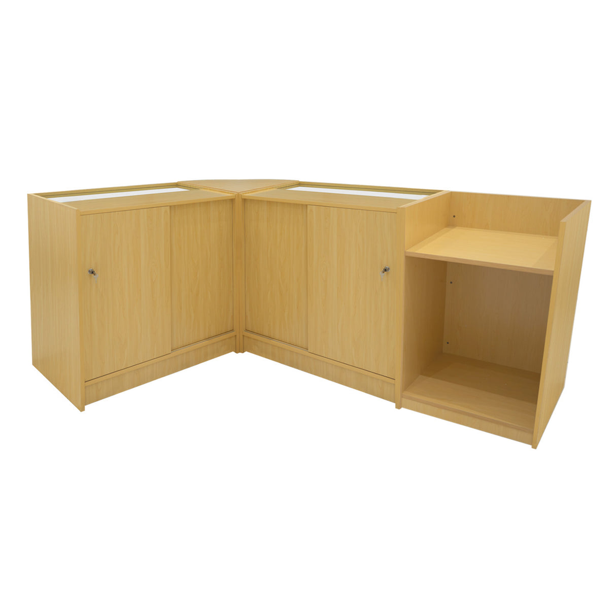 Set banconi angolari LED in legno d'acero, con finitura chiara, ante chiuse e ripiani aperti per un design moderno e funzionale