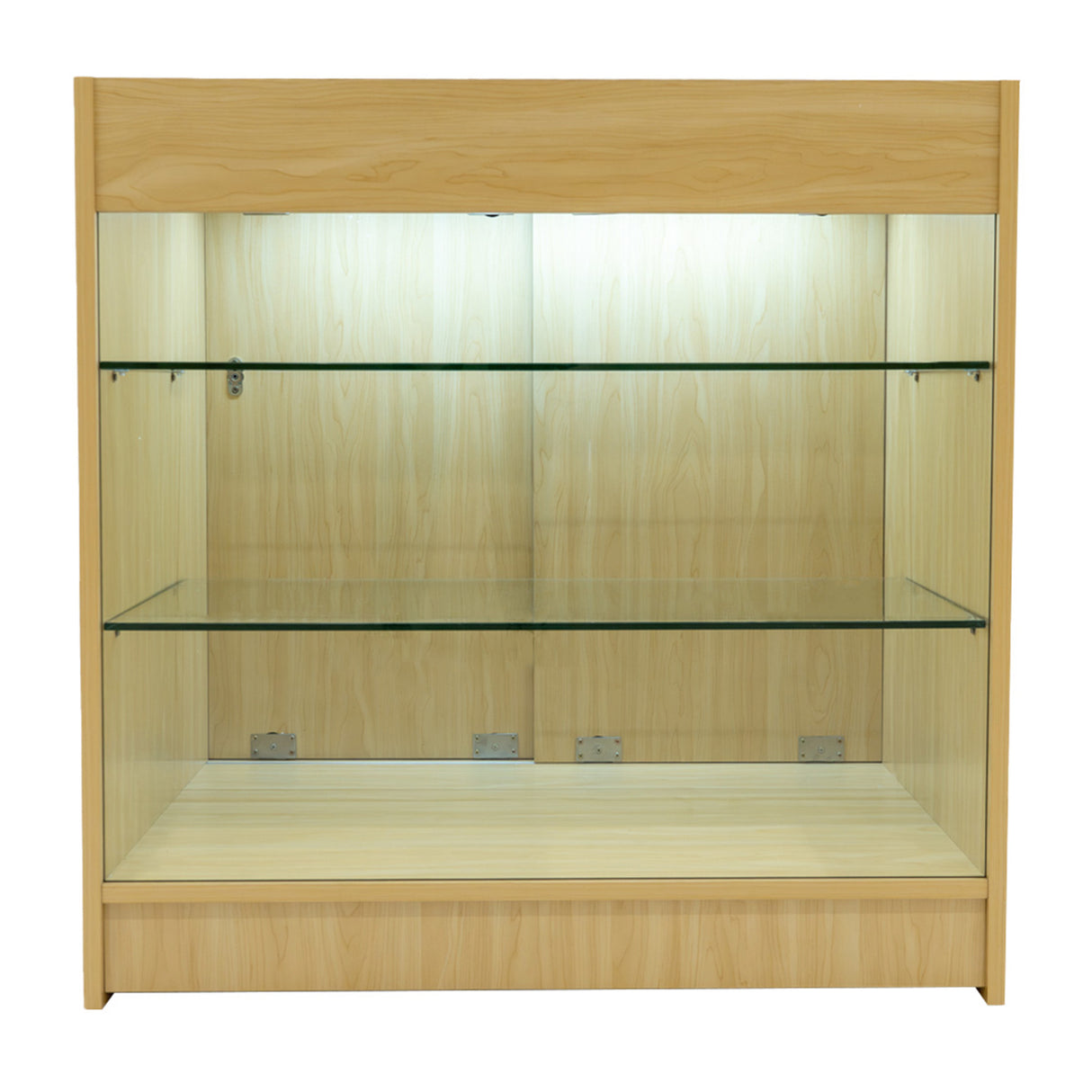 Set banconi LED Aries in legno d'acero chiaro con ripiani in vetro trasparente, illuminazione interna e design moderno ed elegante
