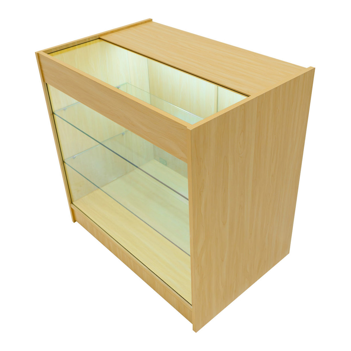 Set banconi Vega in legno d'acero chiaro, con illuminazione LED, ripiani in vetro e design moderno e minimalista per esposizione elegante