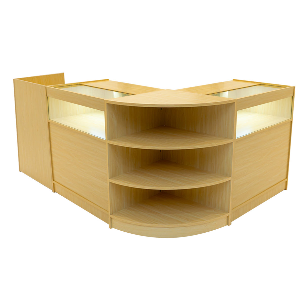 Set banconi LED in legno d'acero, design angolare con ripiani curvi e illuminazione interna, ideale per esposizione prodotti