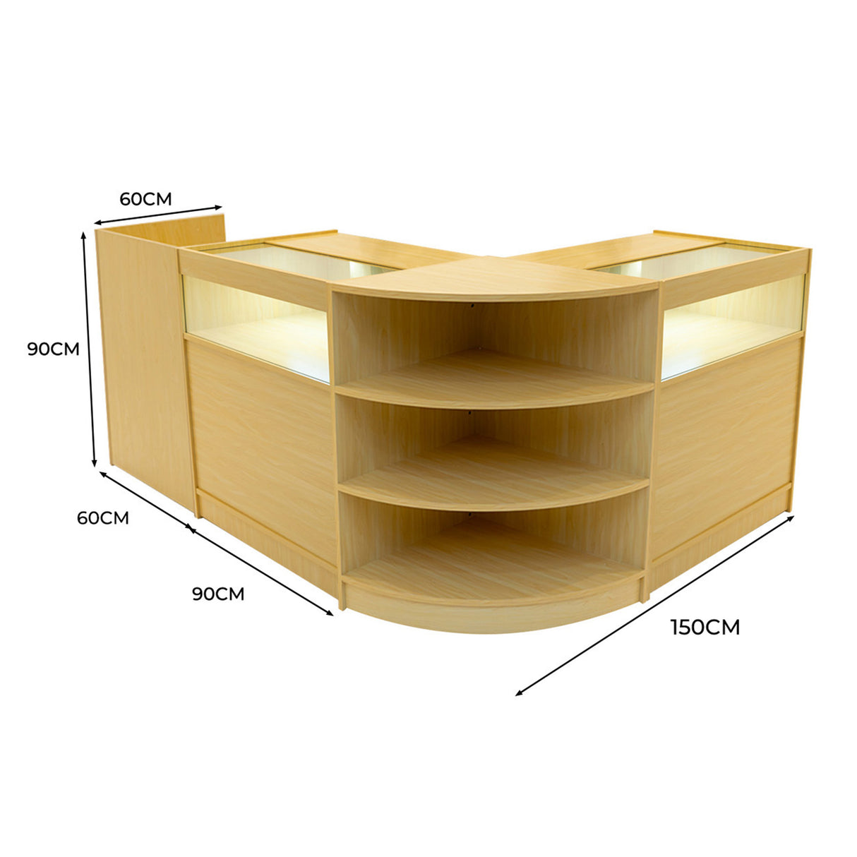 Set banconi LED in legno d'acero, design moderno con ripiani curvi, illuminazione integrata, misure 150x90x60 cm