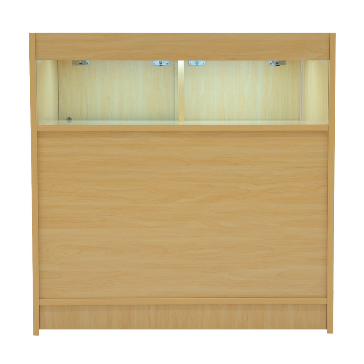 Bancone LED in legno d'acero chiaro, con illuminazione interna, design moderno e superficie liscia, ideale per spazi commerciali