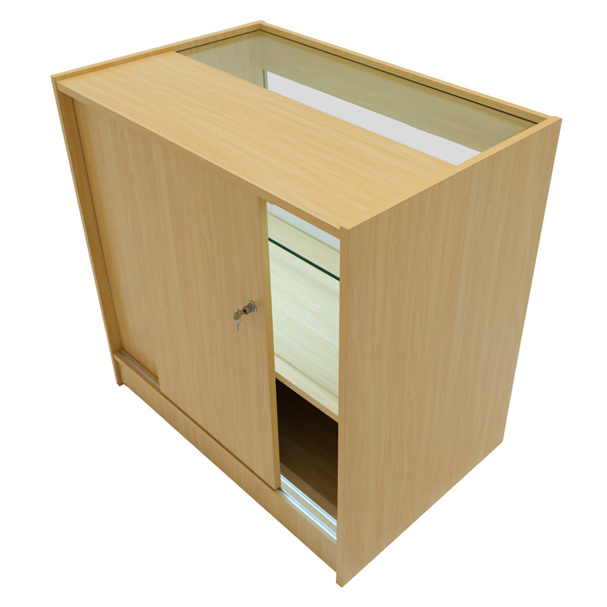 Set banconi in legno d'acero con illuminazione LED, superficie liscia, design moderno e ante scorrevoli per un facile accesso