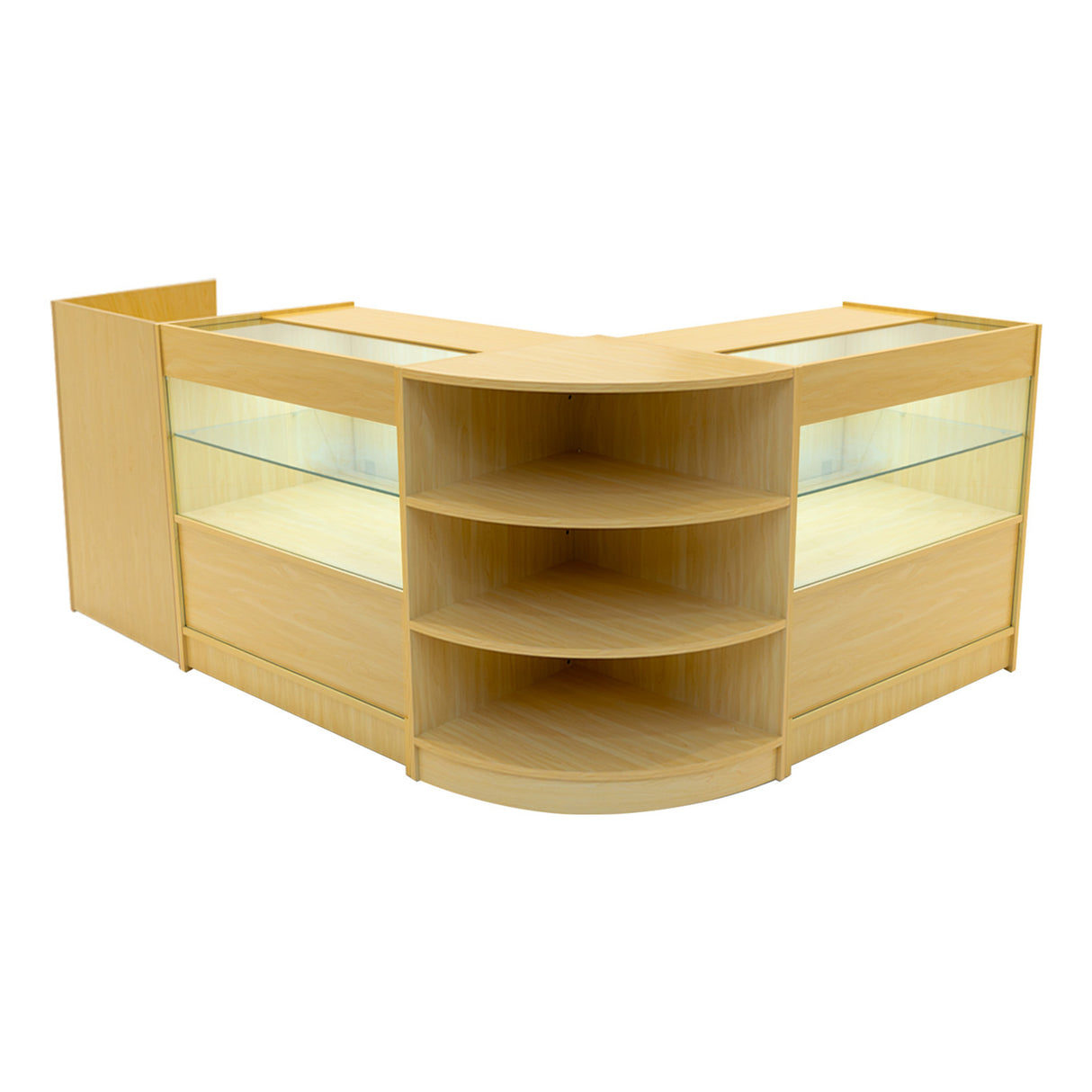 Set banconi in legno d'acero con illuminazione LED, design elegante e moderno, ripiani curvi e spazi espositivi trasparenti