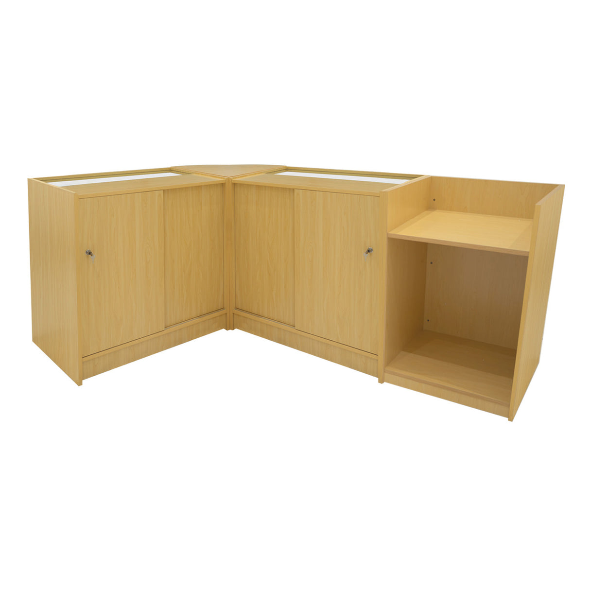Set banconi angolari in legno d'acero con illuminazione LED, finitura liscia e chiara, design moderno e funzionale per spazi commerciali