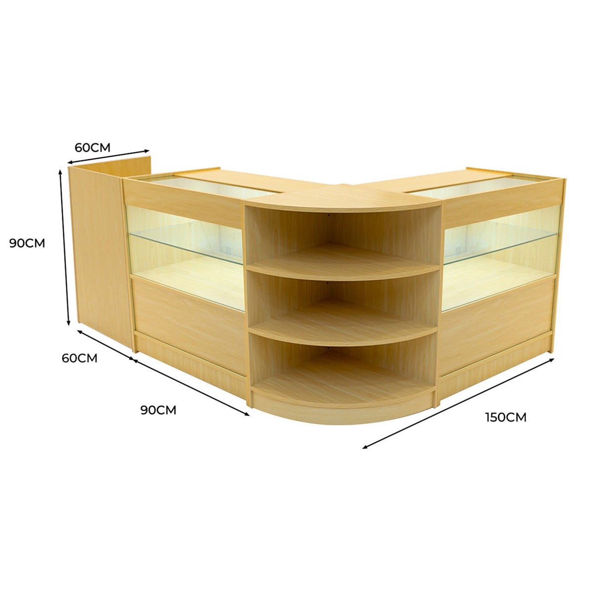 Set banconi angolari in legno d'acero con illuminazione LED, superfici lisce, ripiani curvi e spazi per esposizione, dimensioni 150x90x90 cm