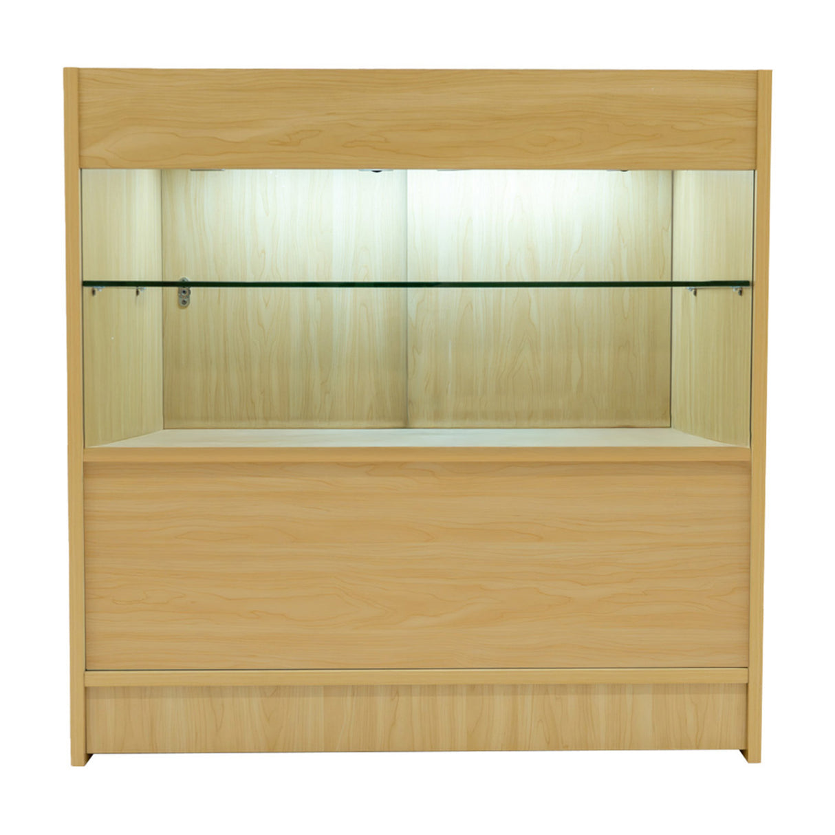 Set banconi in legno d'acero con illuminazione LED, design elegante e moderno, ripiani in vetro trasparente, finitura liscia e chiara