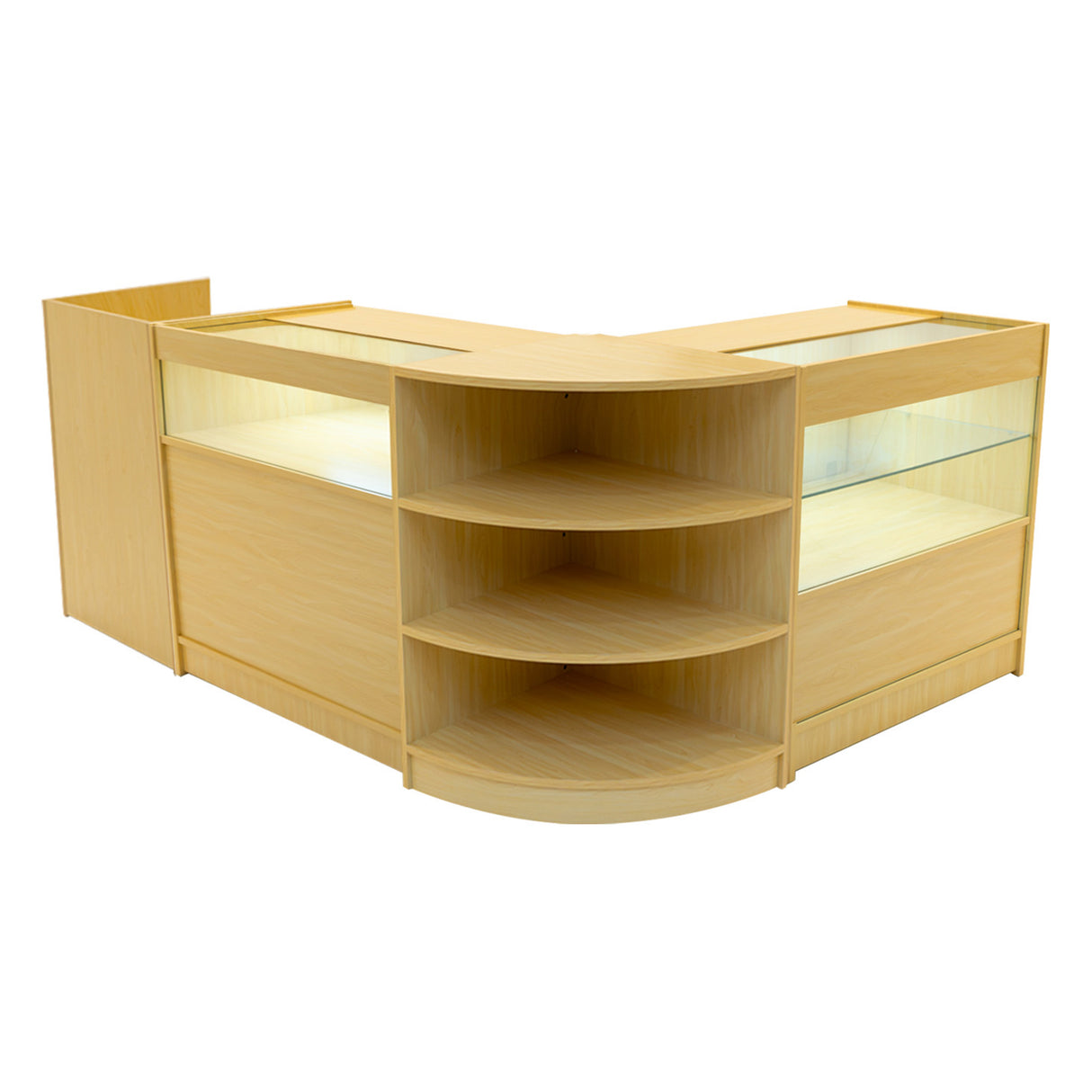 Set banconi in legno d'acero con illuminazione LED, design elegante e moderno, ripiani curvi e spazi espositivi luminosi e funzionali