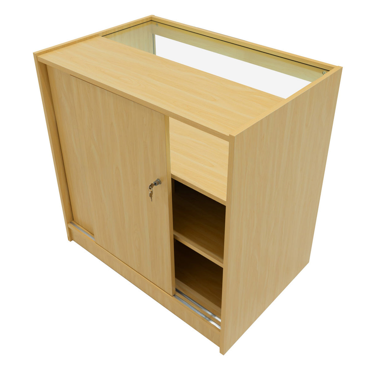 Bancone in legno d'acero con illuminazione LED, ante scorrevoli e ripiani interni, design moderno e funzionale per spazi commerciali
