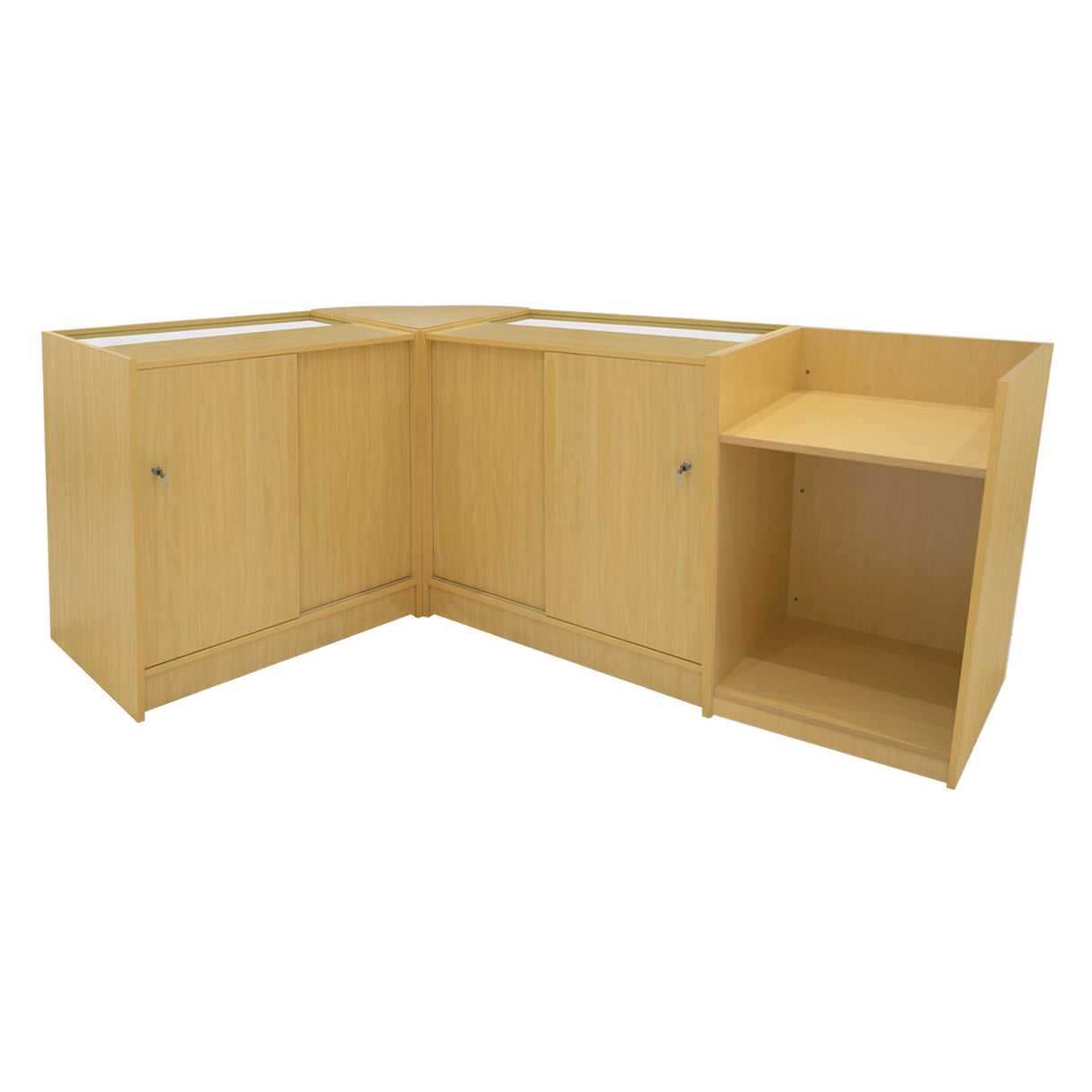 Set di banconi in legno d'acero con illuminazione LED, angolari, finitura liscia e moderna, adatti per spazi commerciali e accoglienti