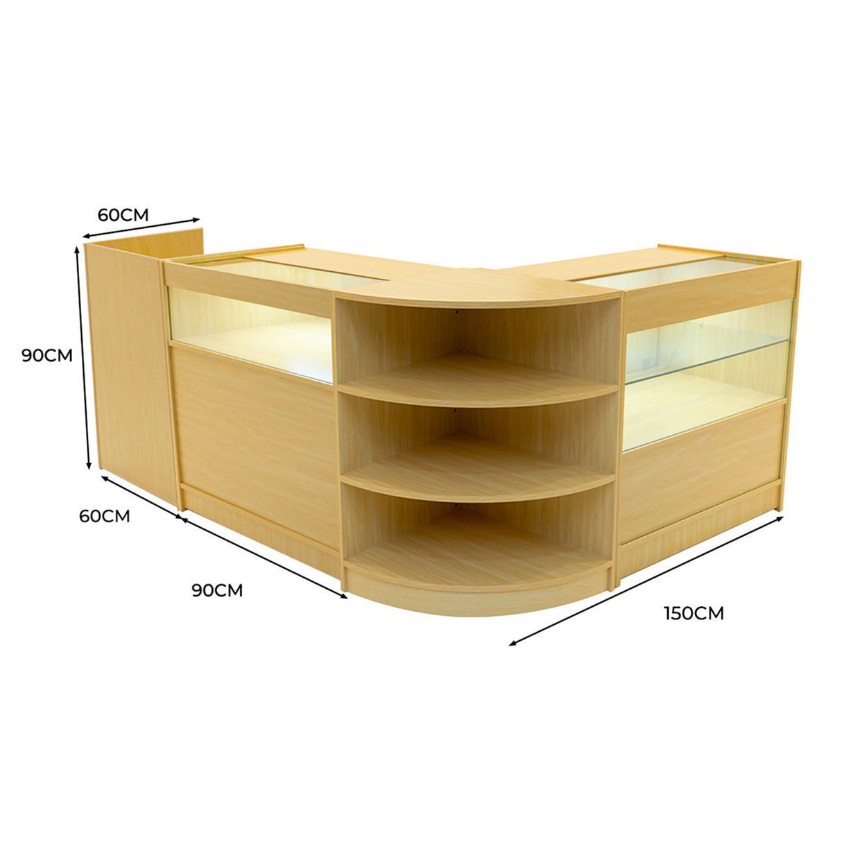 Set banconi in legno d'acero con illuminazione LED, design angolare, ripiani aperti e vetrine, misure 150x90x90 cm