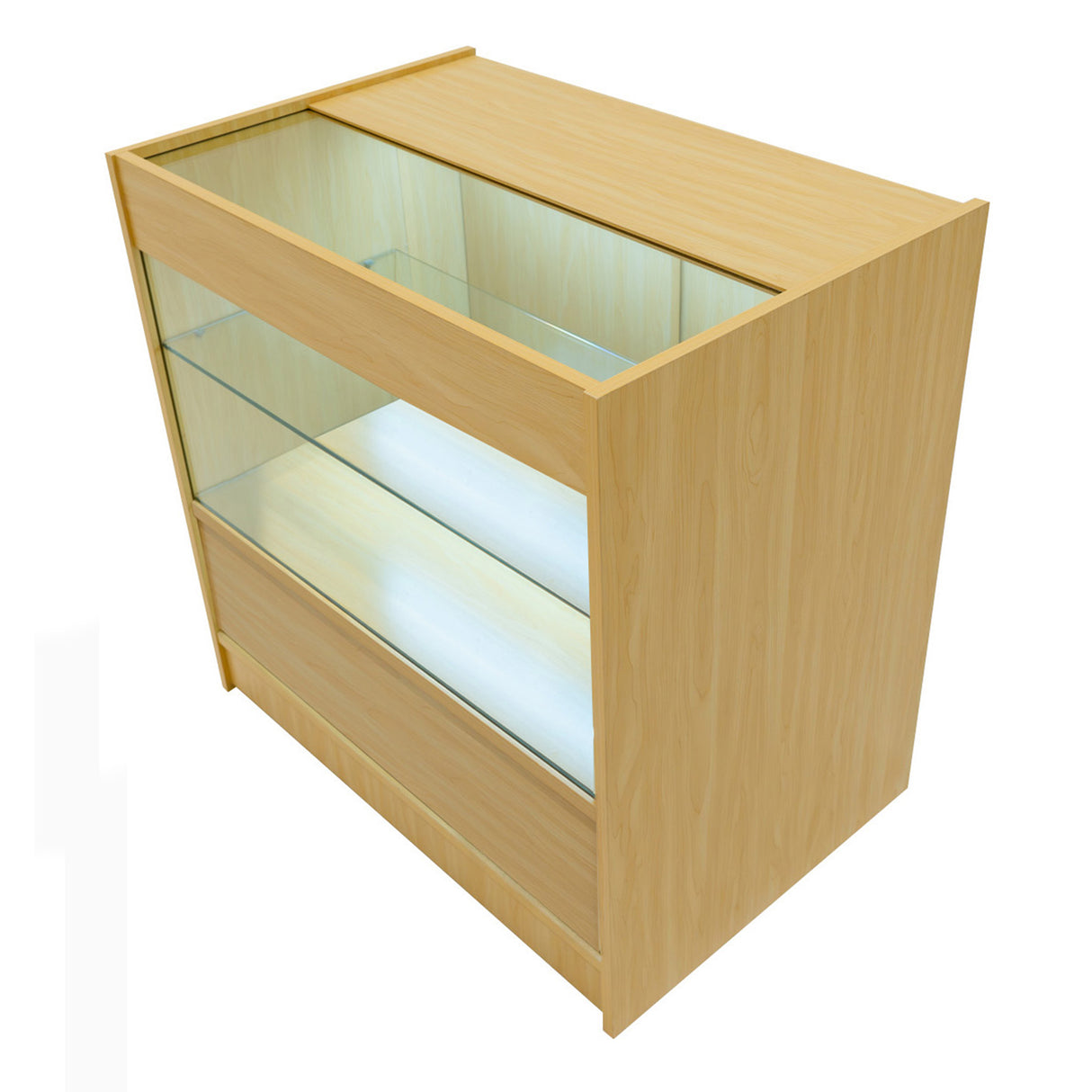 Bancone in legno d'acero con illuminazione LED, superficie liscia, design moderno e ante in vetro trasparente per esposizione elegante