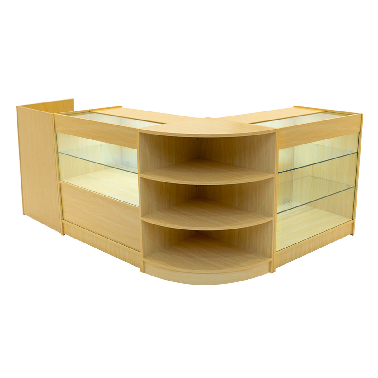 Set banconi Theia in legno d'acero, con ripiani in vetro trasparente e finitura liscia, design moderno e angolare per esposizione elegante