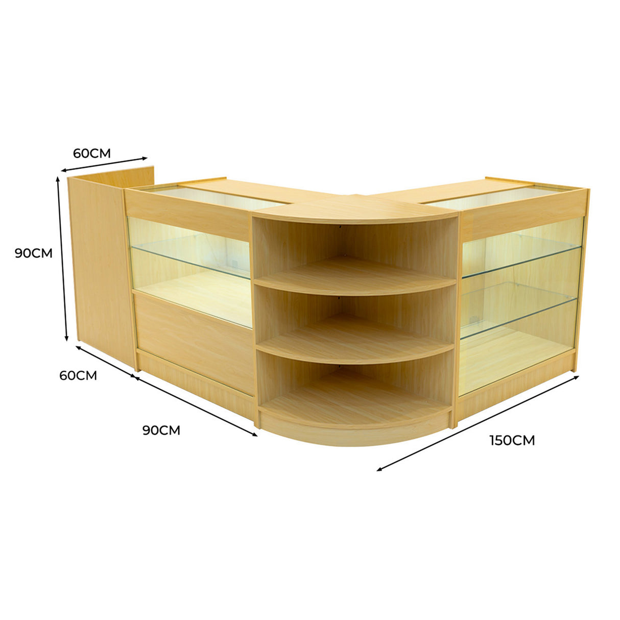 Set banconi Theia in legno d'acero, design angolare con ripiani in vetro, misure 150x90x90 cm, finitura chiara e moderna