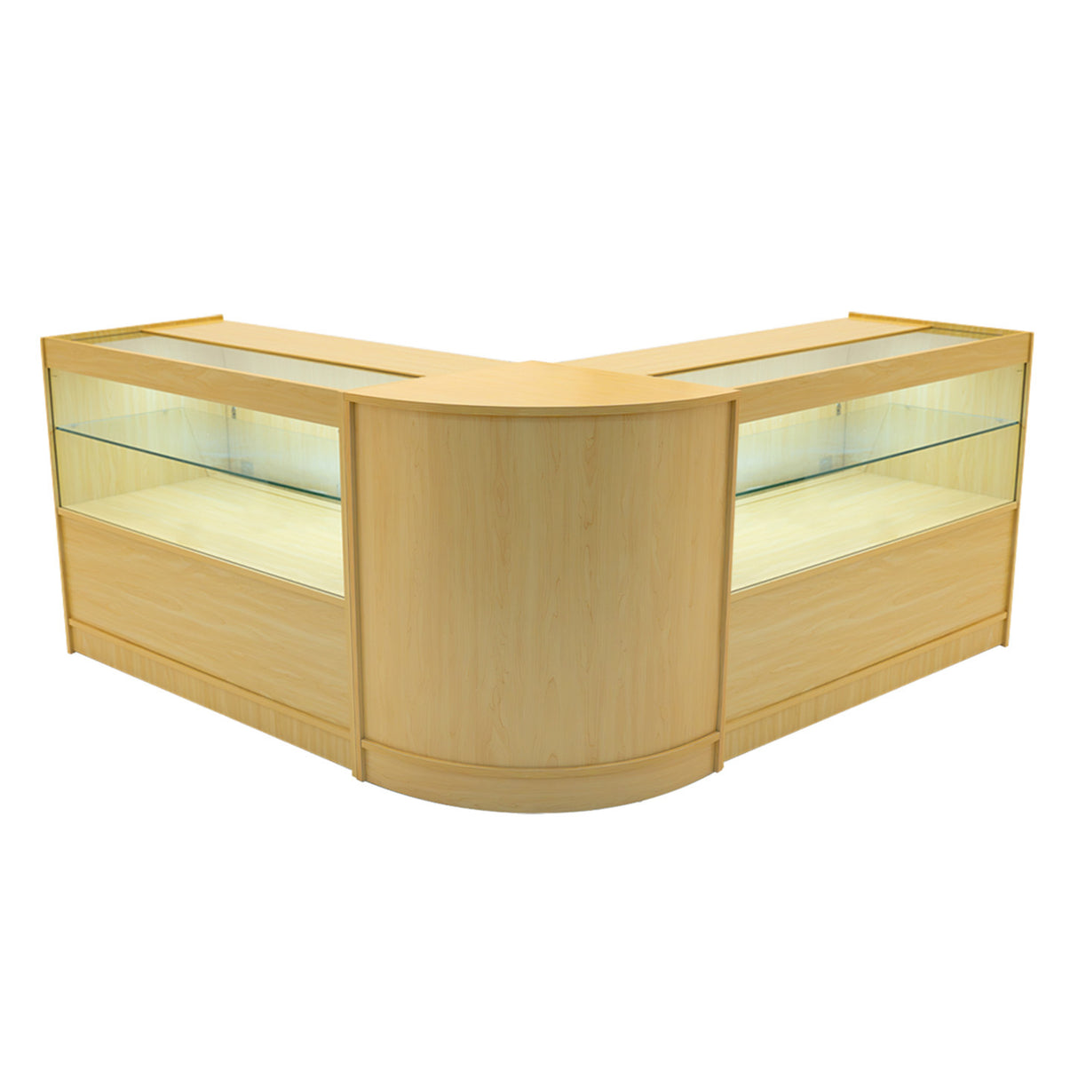 Set banconi angolari Selene in legno d'acero chiaro con illuminazione LED, superfici lisce e vetrine trasparenti per esposizione prodotti