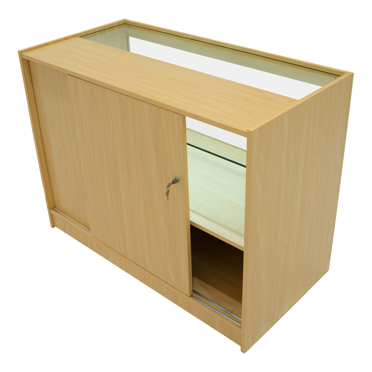 Set banconi Selene in legno d'acero con illuminazione LED, angolare, con ante scorrevoli e ripiani in vetro trasparente, design moderno