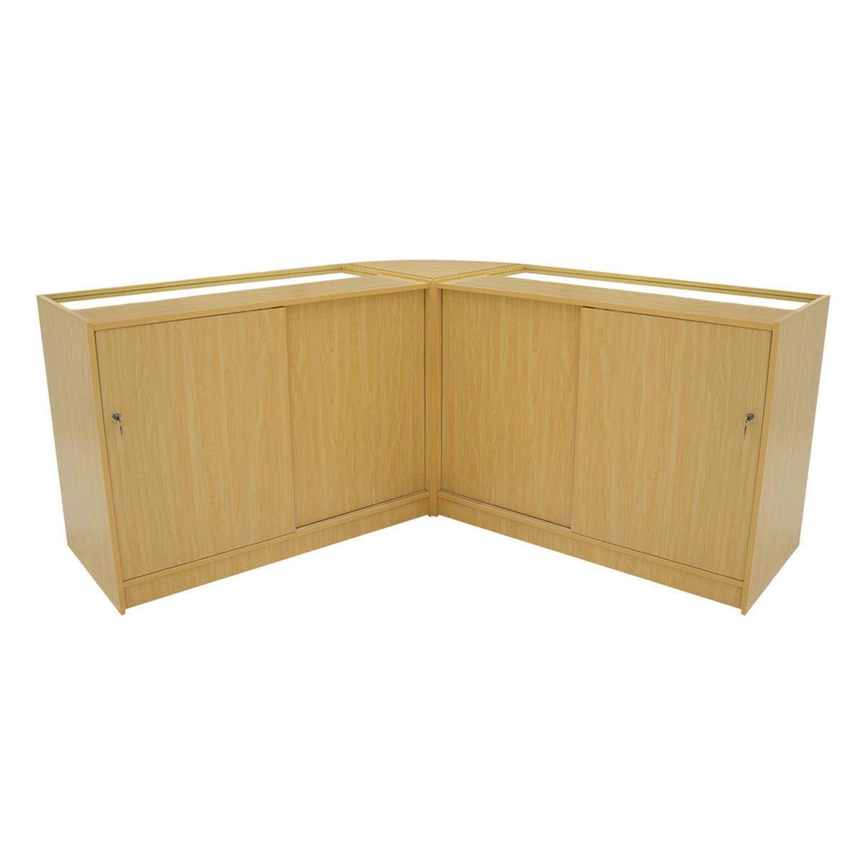 Set banconi angolari Selene in legno d'acero chiaro, con illuminazione LED, design moderno e finitura liscia, ideale per negozi