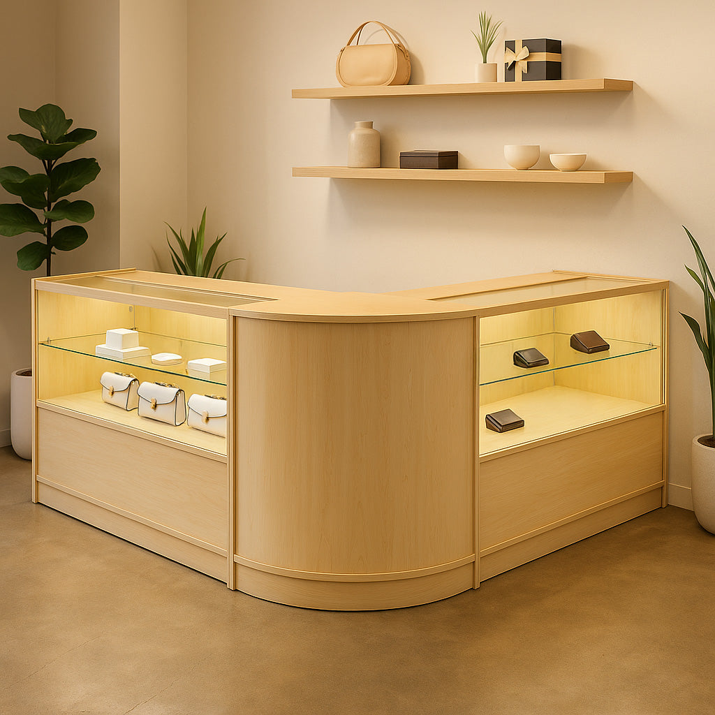 Set banconi Selene in legno d'acero con illuminazione LED, design angolare, vetrine trasparenti e ripiani minimalisti, ideale per negozi