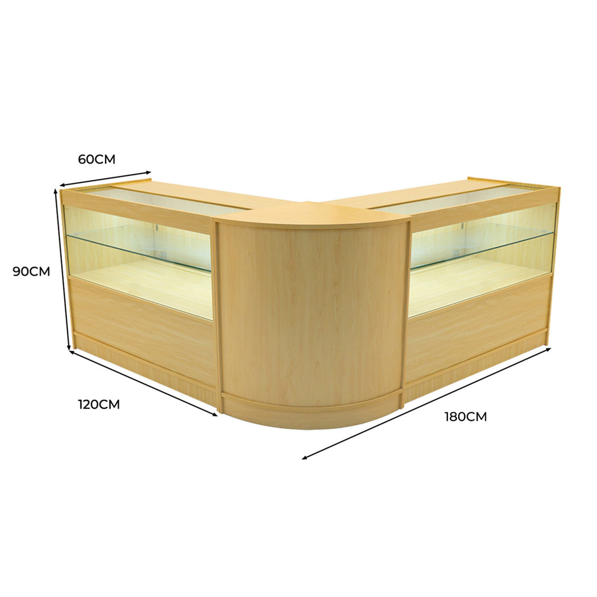 Set banconi angolari in legno d'acero con illuminazione LED, design elegante, dimensioni 120x180 cm, altezza 90 cm, vetrine trasparenti