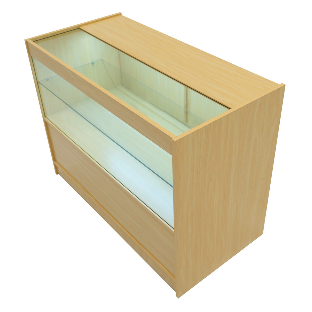 Set di banconi Selene in legno d'acero con illuminazione LED, design angolare, superficie liscia e trasparente per esposizione prodotti