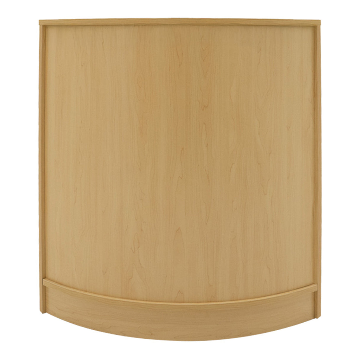 Bancone angolare in legno d'acero chiaro, con finitura liscia e linee curve, ideale per spazi moderni e accoglienti con illuminazione LED