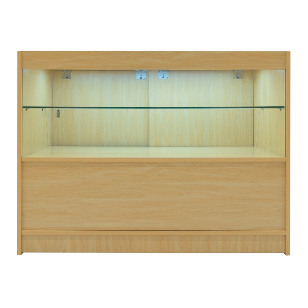 Set banconi Selene in legno d'acero chiaro con illuminazione LED, vetrina angolare con ripiani in vetro trasparente e finitura liscia