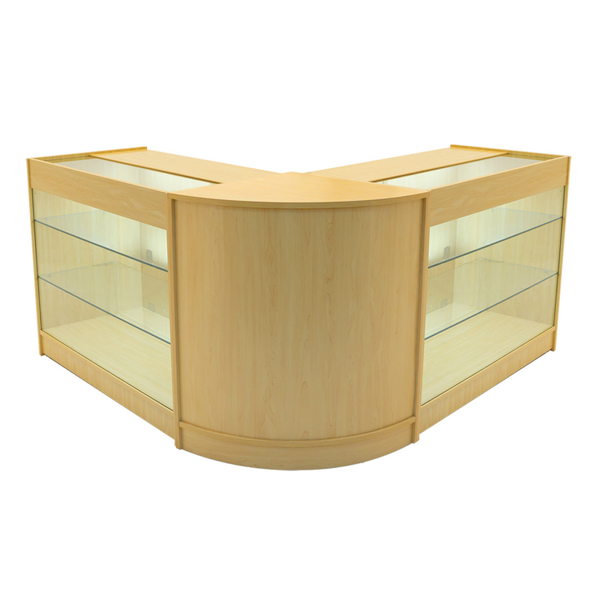 Set banconi angolari Helios in legno d'acero con illuminazione LED, ripiani in vetro trasparente, design elegante e moderno
