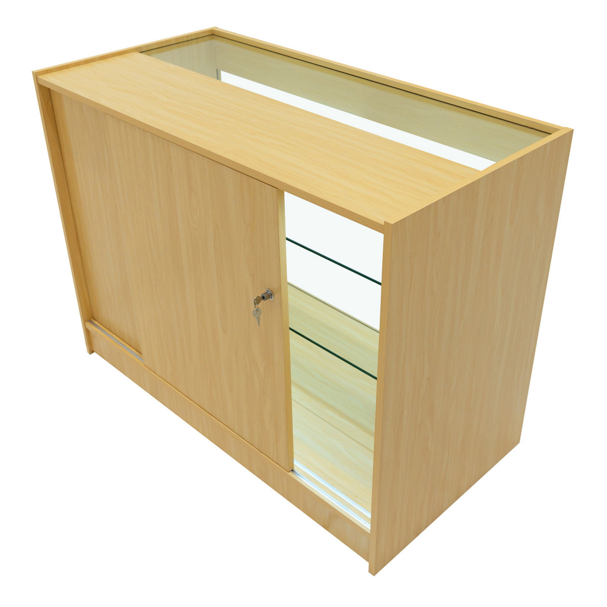 Set banconi Helios in legno d'acero chiaro, con illuminazione LED, ante scorrevoli e ripiani in vetro per esposizione elegante