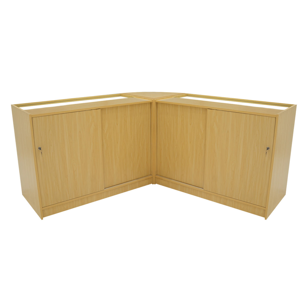 Set banconi angolare Helios in legno d'acero chiaro con illuminazione LED, caratterizzato da linee moderne e finitura liscia
