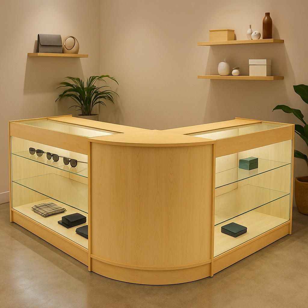 Set banconi Helios in legno d'acero con illuminazione LED, angolare, vetrine in vetro trasparente, arredamento moderno e luminoso