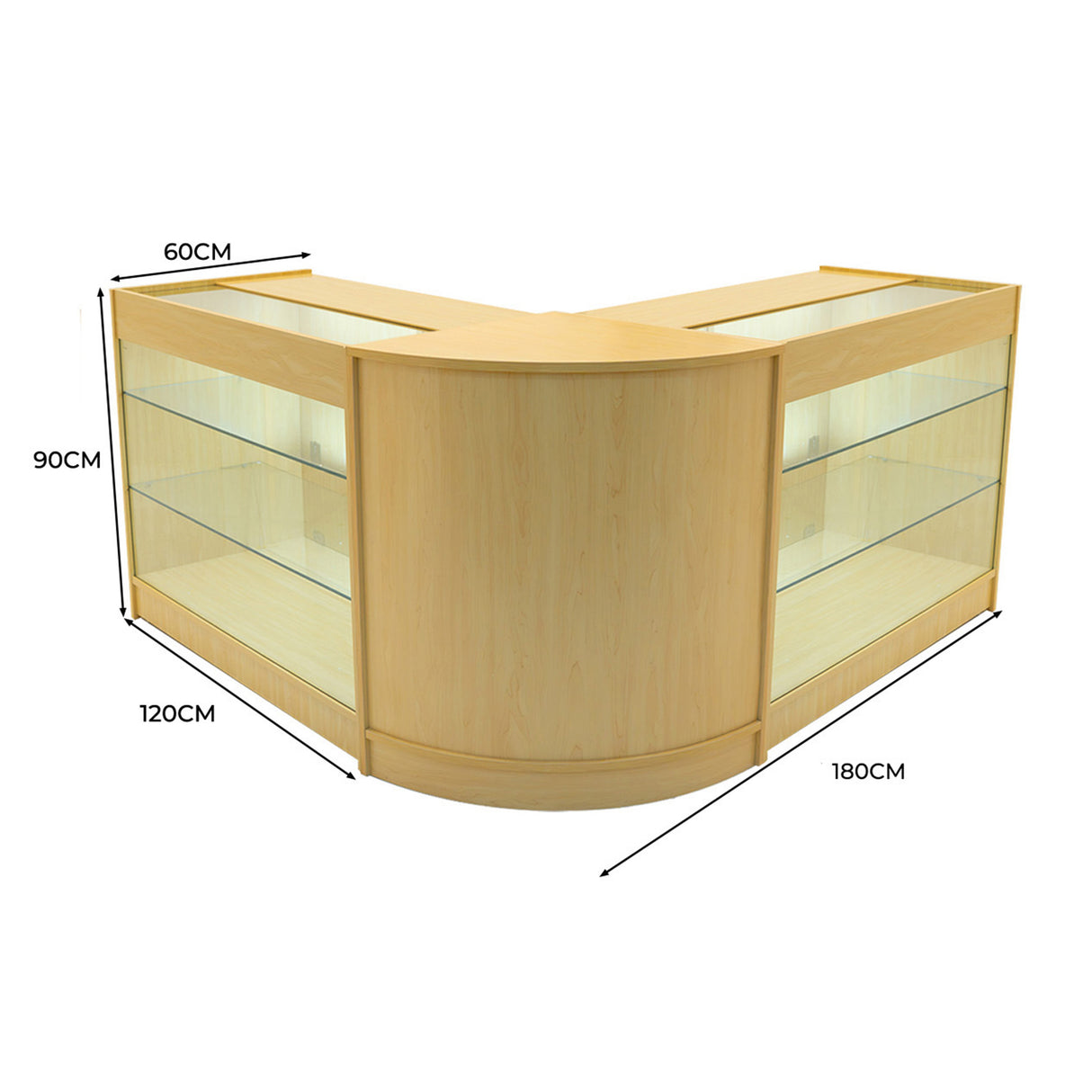 Set banconi angolare Helios in legno d'acero con illuminazione LED, misure 180x120x90 cm, ripiani in vetro trasparente e finitura liscia