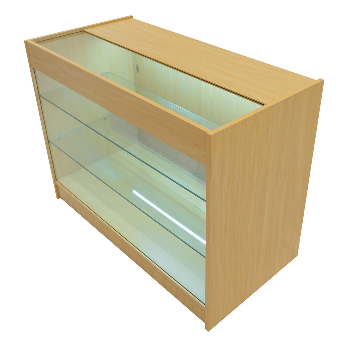 Set banconi Helios in legno d'acero con illuminazione LED, design angolare, superficie liscia e ripiani in vetro trasparente