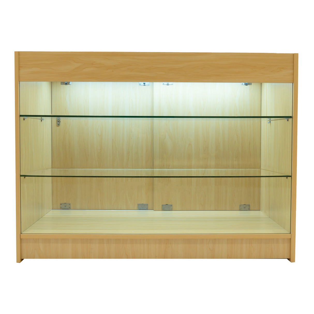 Set banconi Helios in legno d'acero chiaro con illuminazione LED, ripiani in vetro trasparente, design elegante e moderno