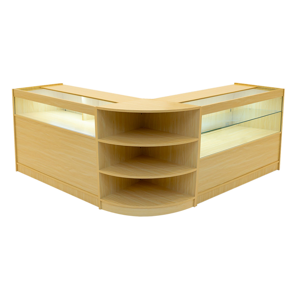 Set banconi LED Harmonia in legno d'acero chiaro, con ripiani curvi e vetrine illuminate, ideale per esposizione prodotti