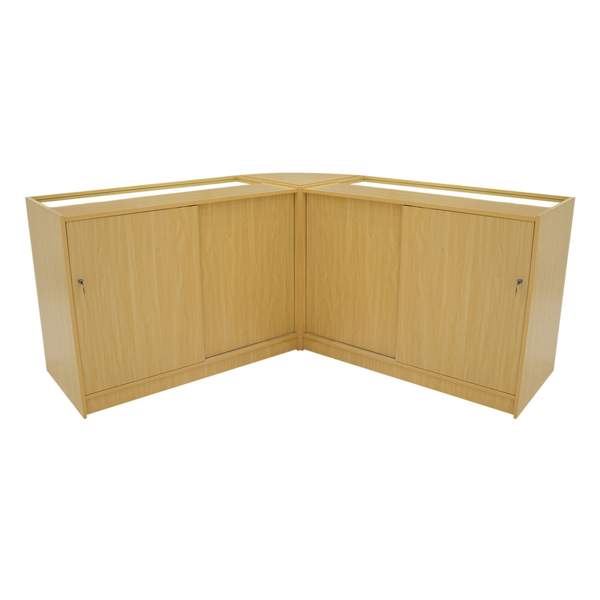 Set di banconi angolari LED Harmonia in legno d'acero, con finitura chiara e ante scorrevoli, design moderno e funzionale