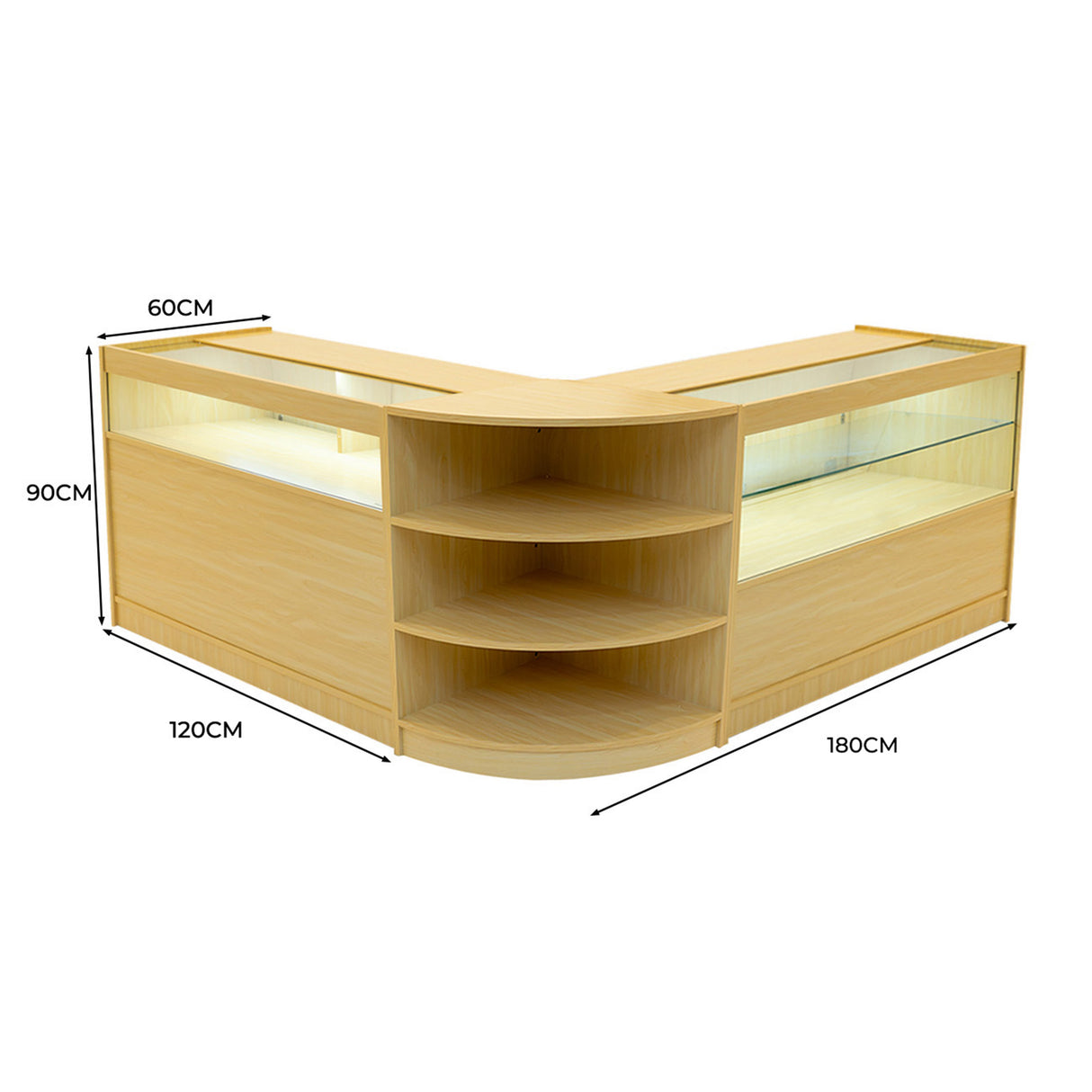 Set banconi angolari LED Harmonia in legno d'acero chiaro, con ripiani e vetrine illuminate, misure 120x180x90 cm