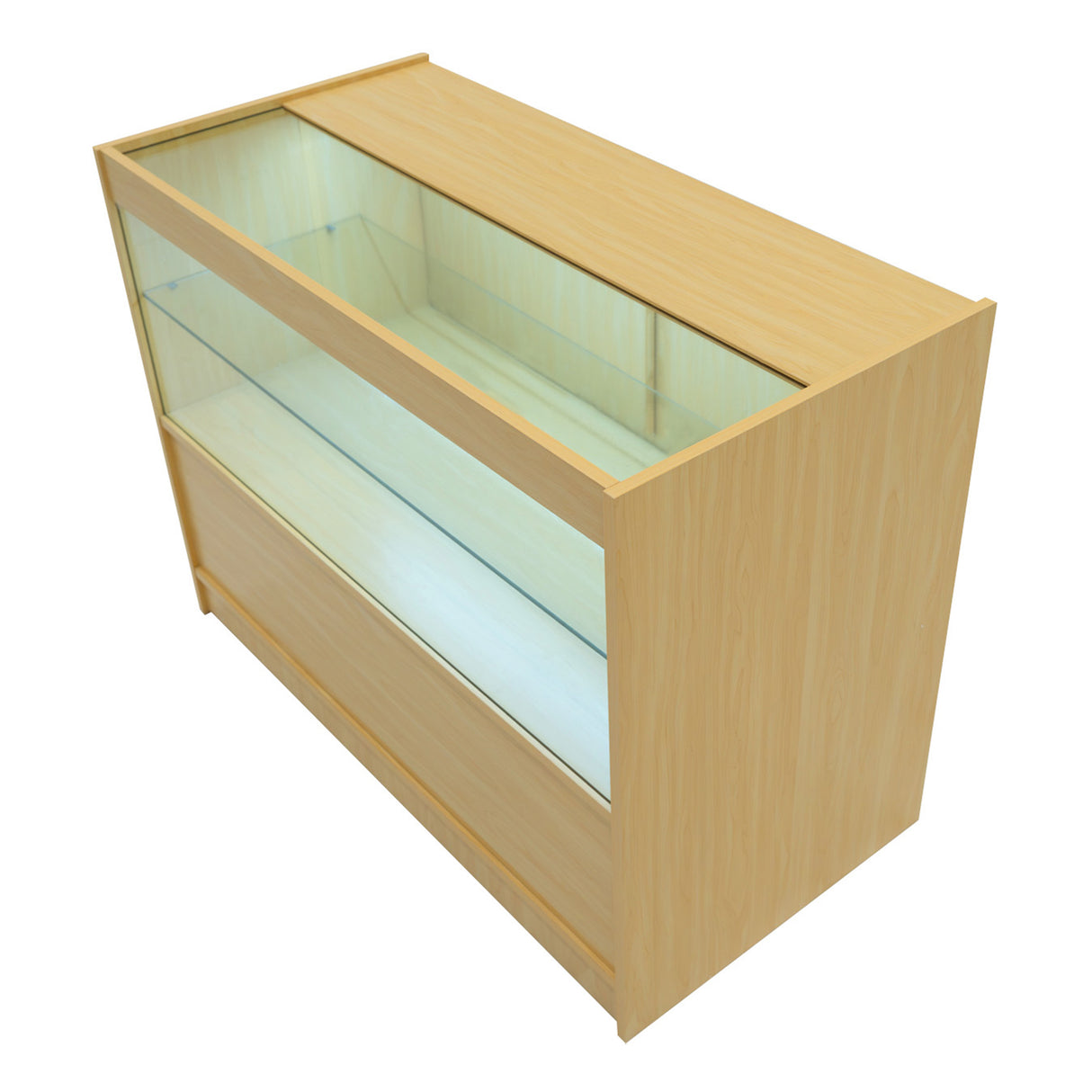 Bancone LED Harmonia in legno d'acero chiaro, con ripiani in vetro trasparente e illuminazione interna, design elegante e moderno