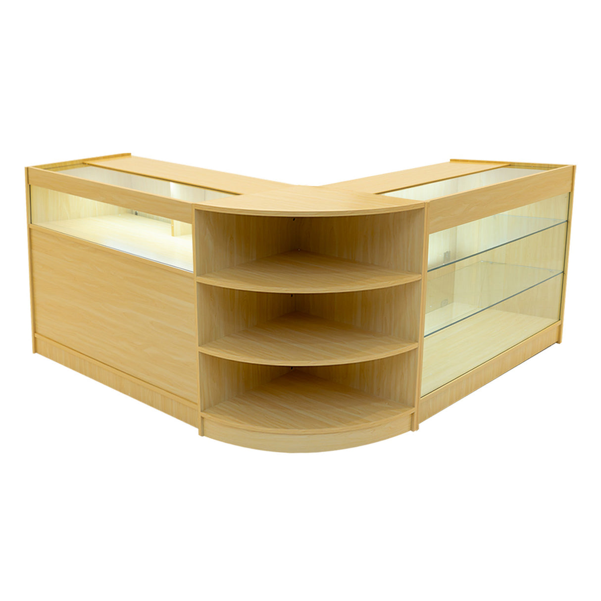 Set banconi LED Demeter in legno d'acero, design angolare con ripiani in vetro, finitura liscia e moderna, ideale per esposizioni