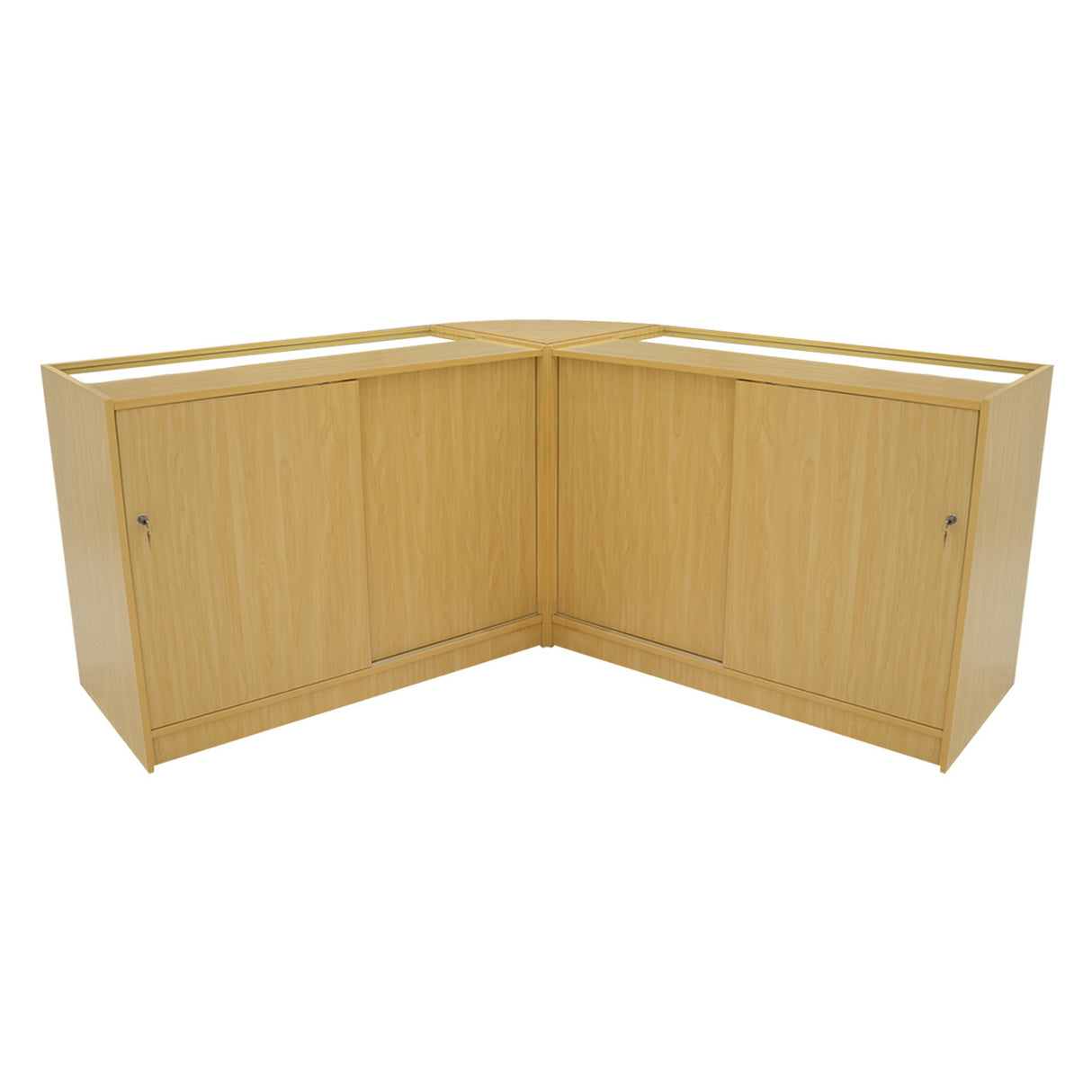 Set banconi angolari LED in legno d'acero chiaro, con finitura liscia, ante chiuse e design moderno, ideale per spazi commerciali