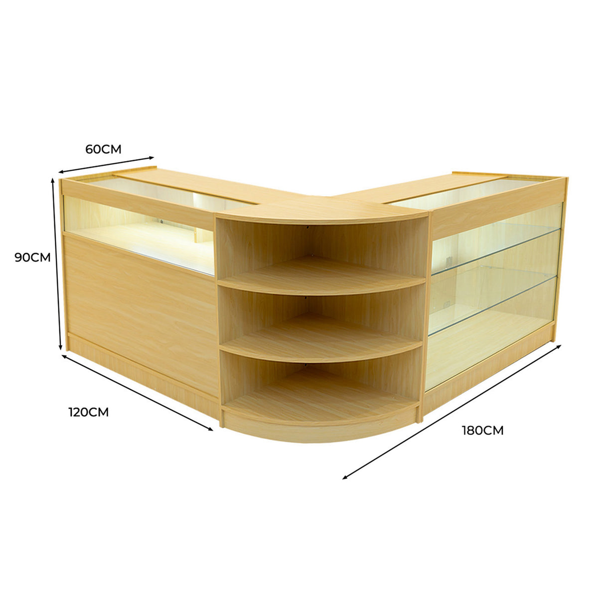 Set banconi LED Demeter in legno d'acero, design angolare con ripiani in vetro, misure 120x180 cm, altezza 90 cm, finitura liscia e moderna