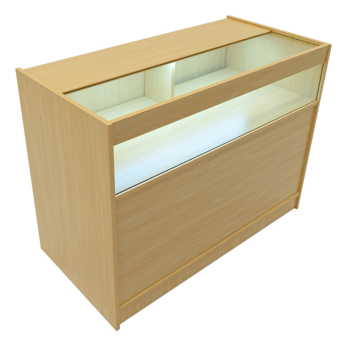 Set banconi LED Demeter in legno d'acero chiaro, con ripiani in vetro illuminati e design moderno, ideale per esposizioni eleganti