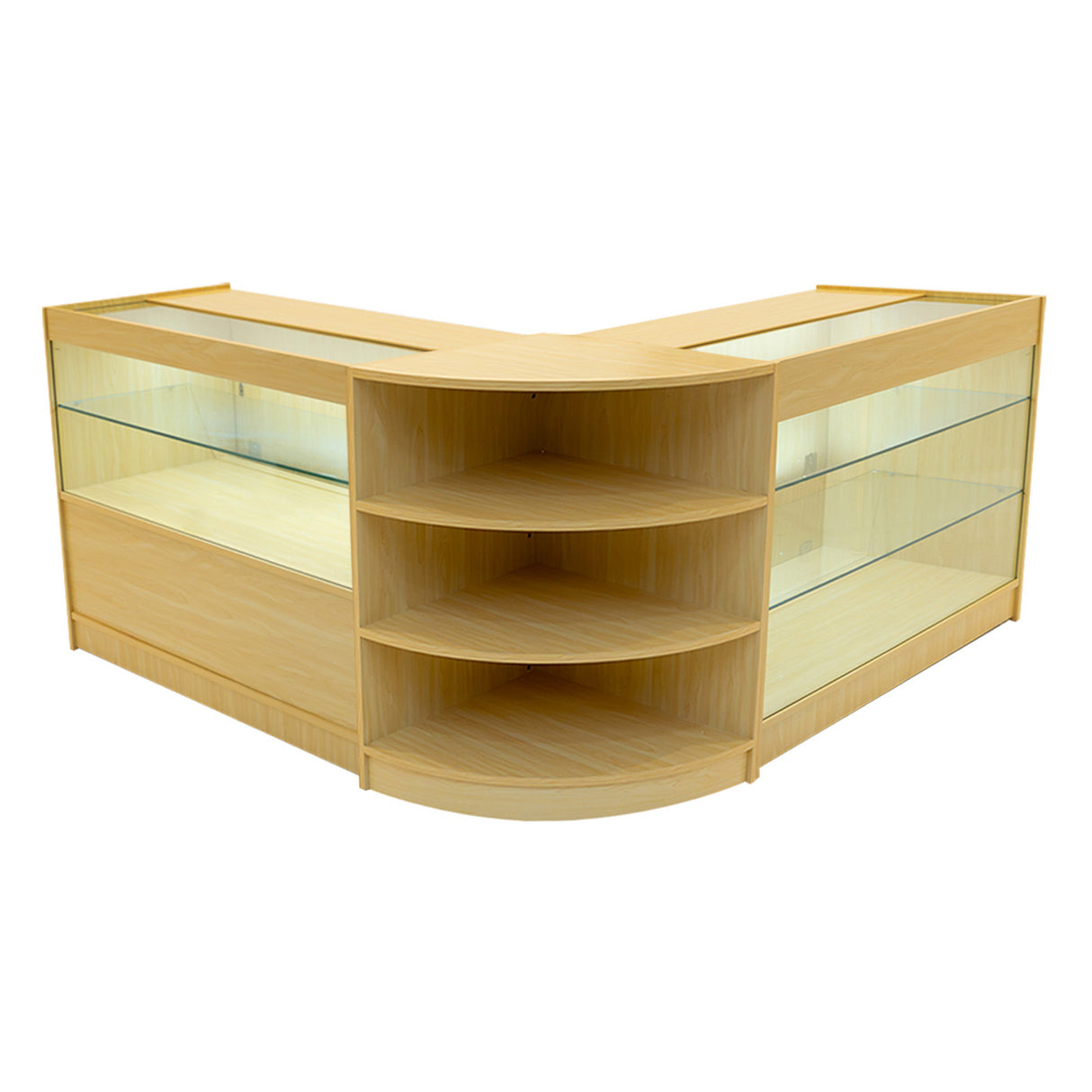 Set banconi negozio Calliope in legno d'acero chiaro, con ripiani in vetro e design angolare elegante, ideale per esposizione prodotti
