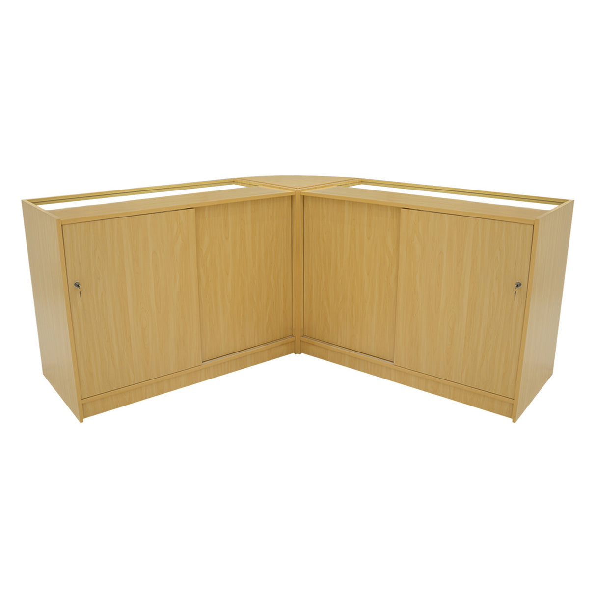 Set banconi negozio Calliope in legno d'acero, design angolare con finitura liscia, ante chiuse e spazio per esposizione