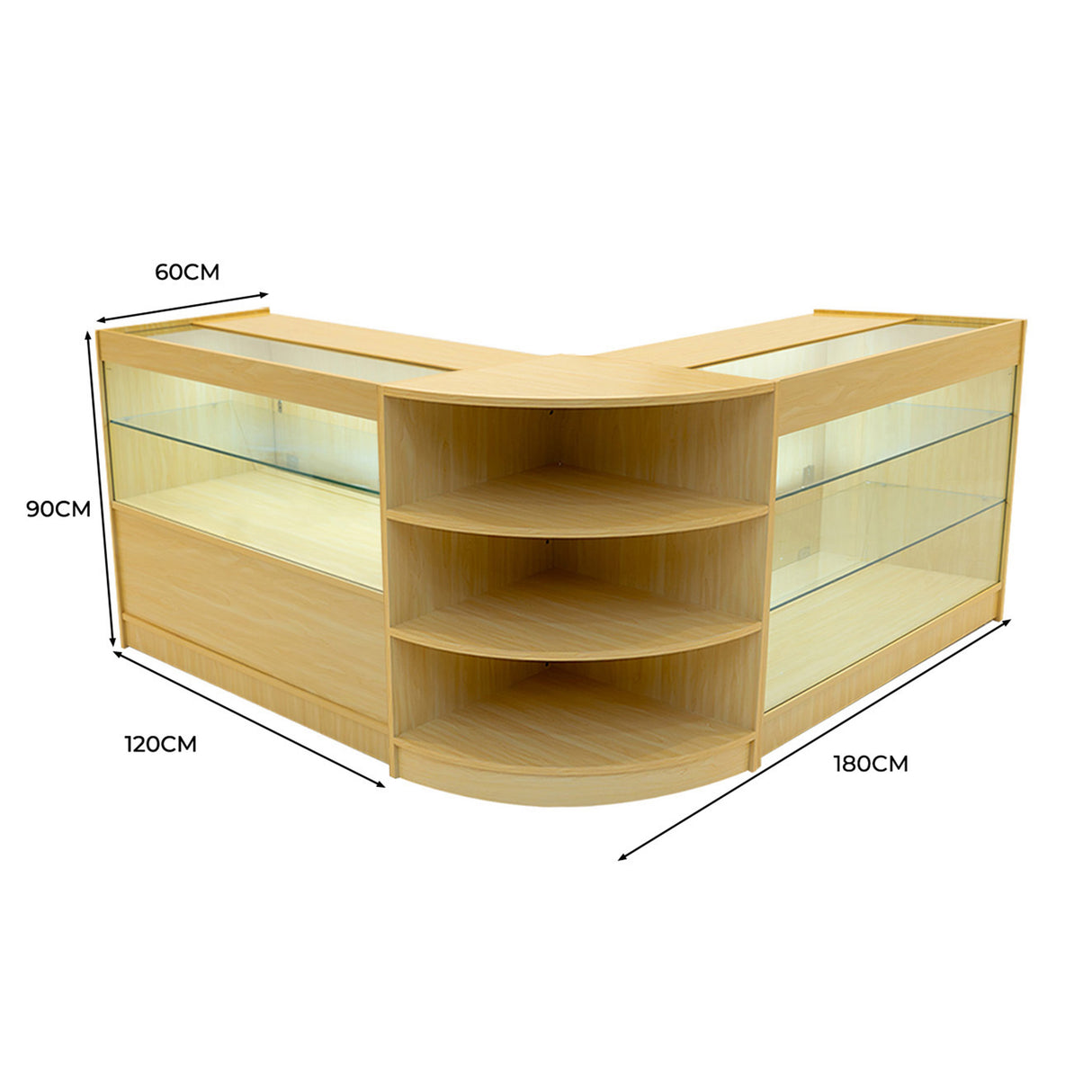 Set banconi negozio Calliope in legno d'acero, design angolare con ripiani in vetro, illuminazione LED, misure 180x120x90 cm