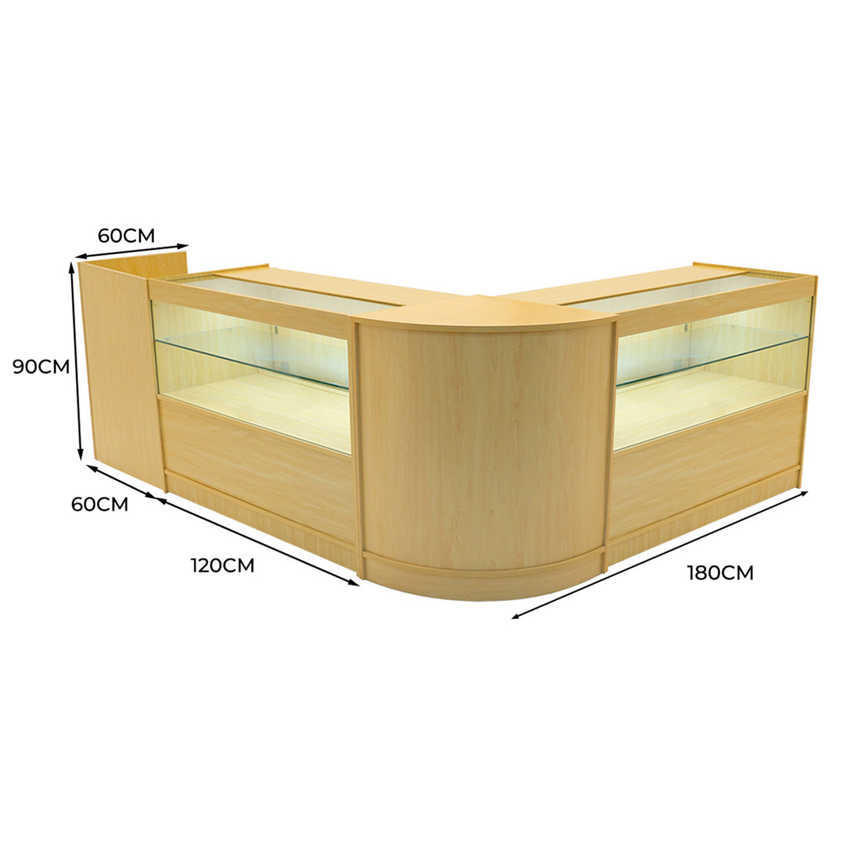 Set banconi negozio Phoenix in legno d'acero con illuminazione LED, design angolare, dimensioni 180x120x90 cm, superficie liscia e moderna
