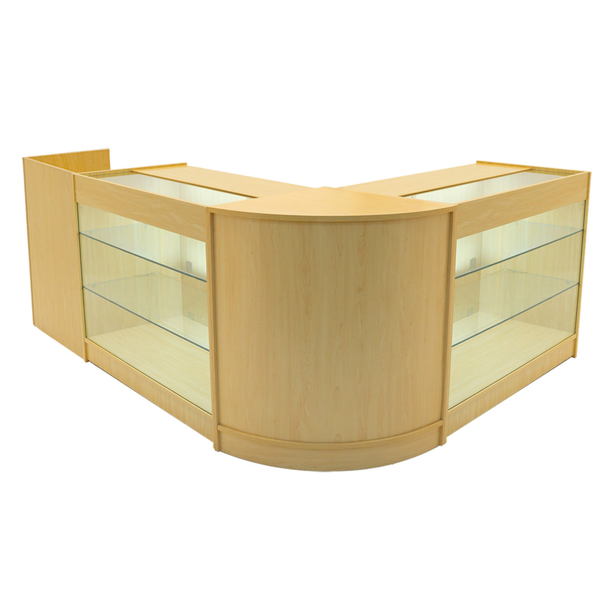 Set banconi LED in legno d'acero, con ripiani in vetro trasparente, design elegante e moderno, ideale per esposizione di prodotti