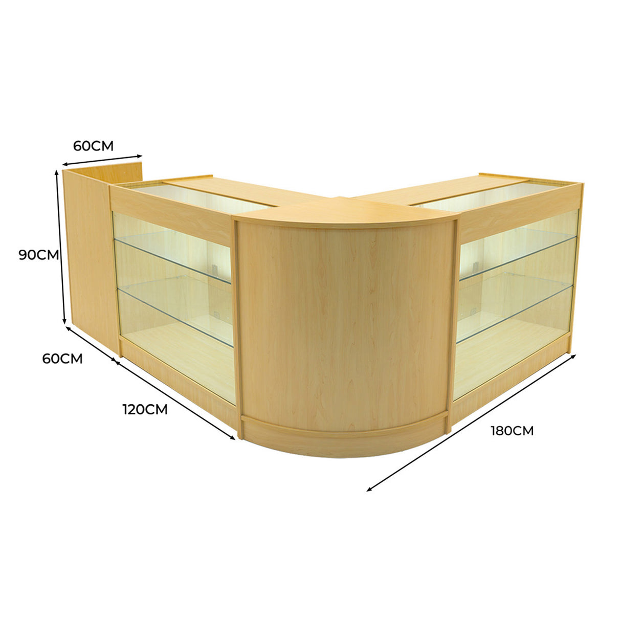 Set banconi LED in legno d'acero chiaro, angolare, con ripiani in vetro, dimensioni 180x120x90 cm, illuminazione integrata