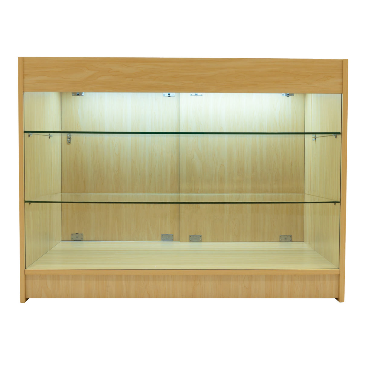 Set banconi LED Aries in acero chiaro, con ripiani in vetro trasparente e illuminazione interna, design moderno e funzionale