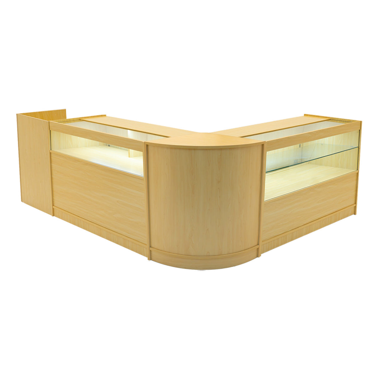 Set banconi in legno d'acero con illuminazione LED, design elegante e moderno, superfici lisce e angoli arrotondati per un aspetto accogliente